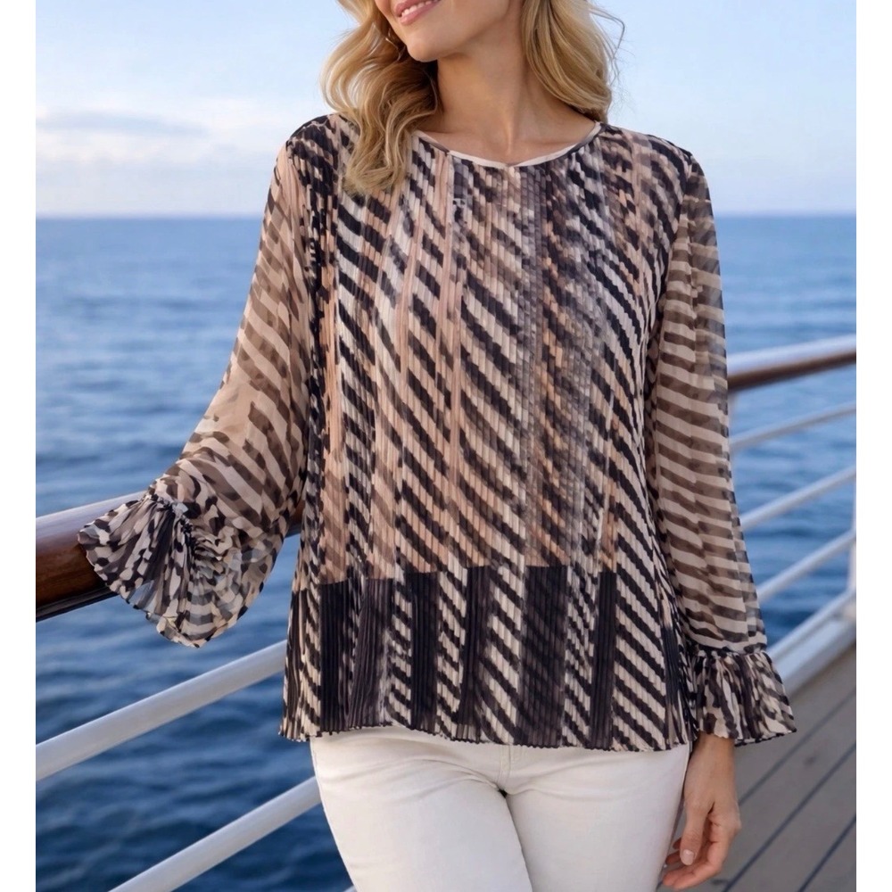 St. John Black White Beige Pleated Abstract Chiffon Blouse Small Silk Lined